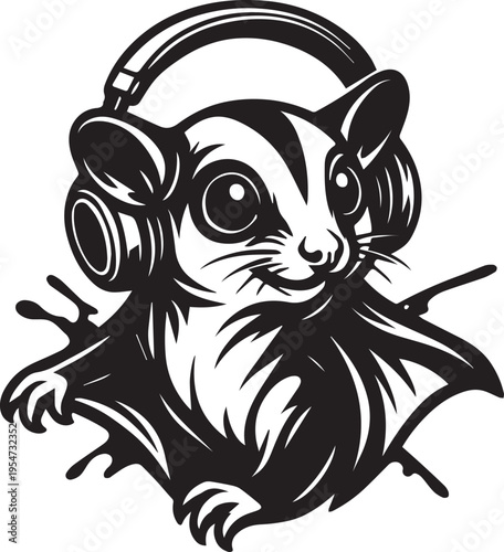 A sugar glider wearing headphones, depicted in a black and white vector illustration, perfect for music or wildlife themed designs and marketing materials.
