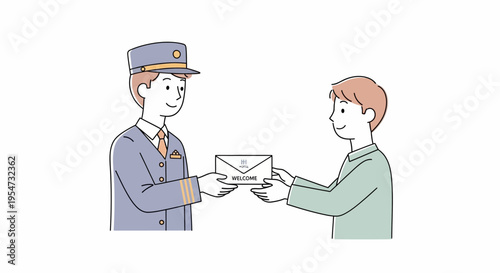Man in uniform handing envelope.