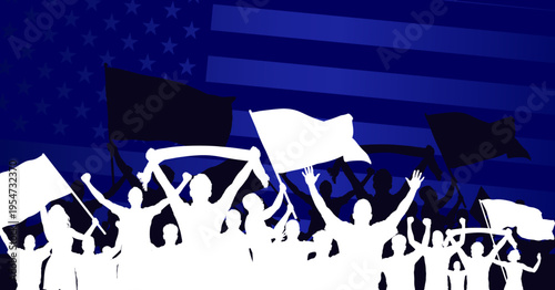 Football fans silhouettes cheering with flags on blue american flag background