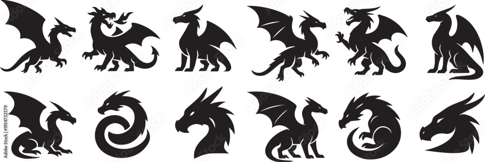 Fototapeta premium A set of black dragon silhouettes in different stances and shapes, ideal for use in graphic design, fantasy themes, and decorative elements.