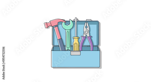 Colorful toolbox with various tools inside.