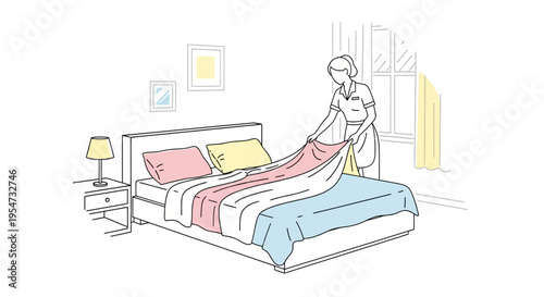 Woman making a bed with sheets.