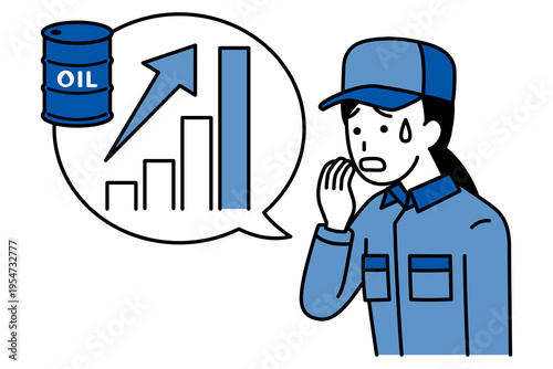 原油高騰で動揺するつなぎ作業服の女性