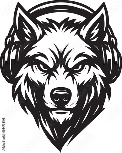 A stylized wolf's head wearing headphones, depicted in a bold black and white vector illustration. This graphic design could be used for music, gaming, or lifestyle themes.