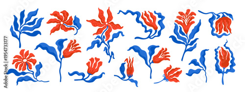 Wildflower vector set with red floral shapes and blue leaves. Decorative spring plants in a flat modern style. Design element for cards, posters, prints, and creative botanical projects.