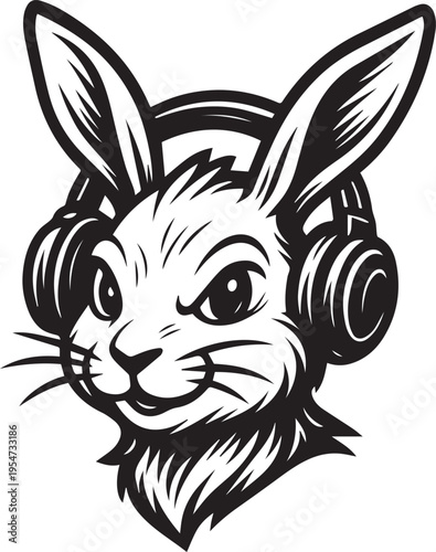 A smiling rabbit wearing headphones, perfect for music or audio-related marketing and advertising materials, lifestyle and education concepts.