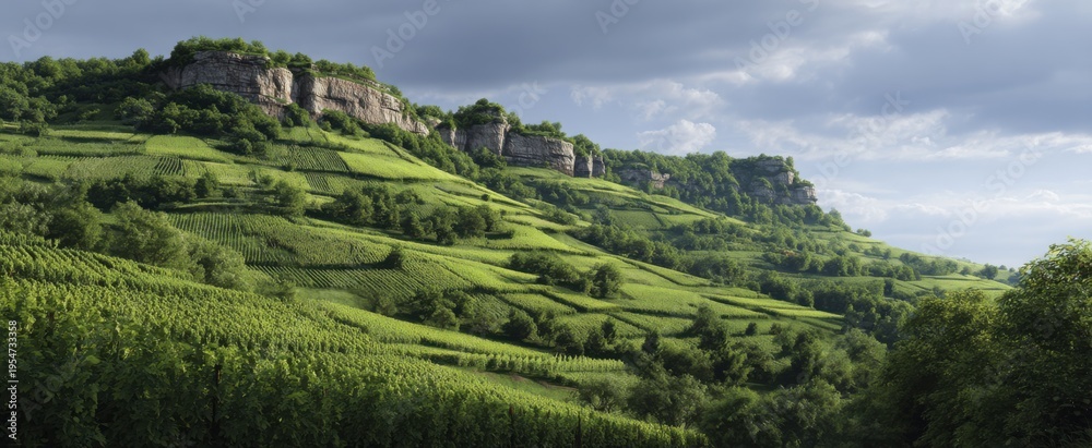 Fototapeta premium Vibrant green vineyards flow like waves over terraced hills and rocky cliffs in nature's masterpiece