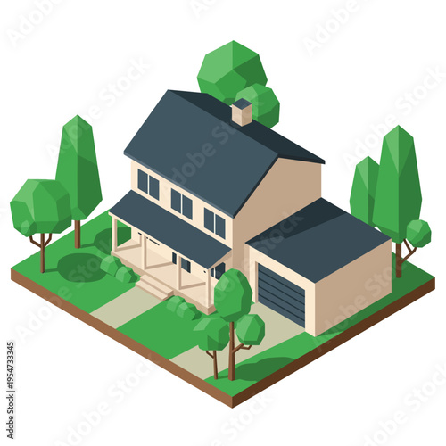 An isometric illustration of a suburban house with a garage, surrounded by lush green trees and a manicured lawn.