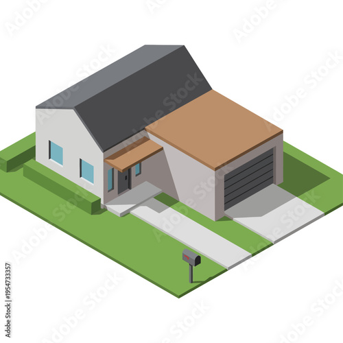 Isometric illustration of a modern suburban house with an attached garage and a mailbox on the lawn.