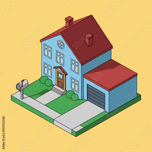 An isometric illustration of a light blue house with a red roof, a garage, a driveway, a sidewalk, and a mailbox on a yellow background.