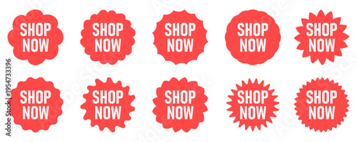 Set of red 'SHOP NOW' promotional stickers and badges in various shapes, call to action buttons.