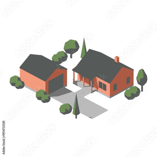 Isometric illustration of a suburban house with an attached garage and surrounding greenery, rendered in a minimalist, low-poly style.