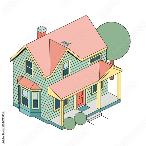 An isometric illustration of a charming two-story house with a porch, bay window, and a bird on the roof, set against a white background with a stylized tree.