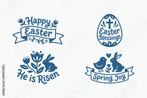 Easter and Spring Typography Badge Set with Bunny, Chick, and Religious Symbols