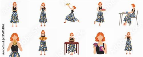 Flat Style Woman with Food Illustration Lifestyle and Different Actions