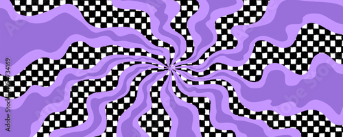 Fotografija Groovy smoke background with flowing purple waves and black and white checkered pattern