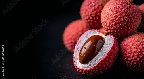 A pile of fresh lychee fruits on a black background