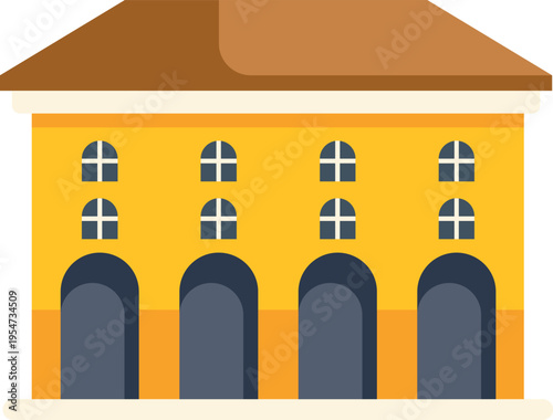 Flat vector illustration depicting a residential or commercial building with multiple arches