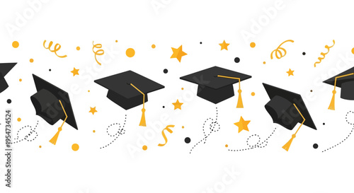 Graduation Celebration Banner with Flying Black Mortarboards and Gold Confetti on White Background
