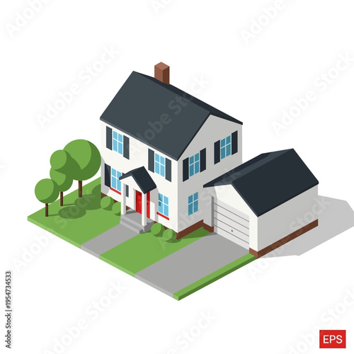 Isometric illustration of a detached two-story house with an attached garage, set on a green lawn with trees.