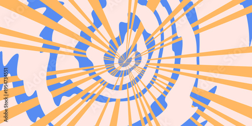 Cloud and sun background with spiral anime style rays in pink, blue, and yell...