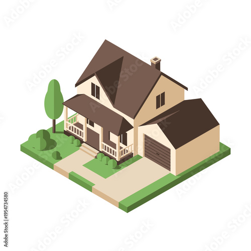 Isometric illustration of a suburban house with a garage, porch, driveway, and surrounding landscaping, presented on a white background.