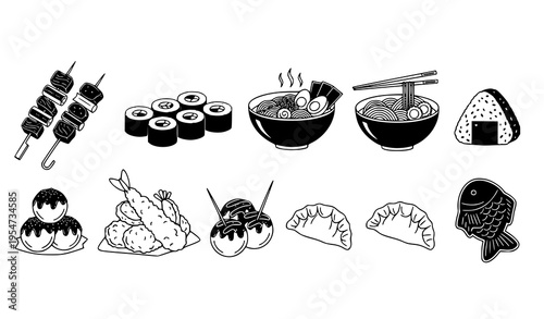Japanese street food icon set: yakitori, sushi, ramen, onigiri, tempura