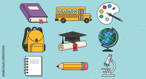 Back to School Vector Icon Set with School Bus, Backpack, Microscope, and Graduation Cap