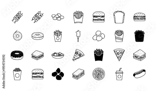 Grid-based fast food icon pack: skewers, fries, burgers, and snacks