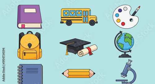 Set of Flat Vector Education and School Icons including Backpack, Book, Bus, Graduation Cap, Microscope, and Globe