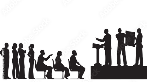 Silhouettes of people in a presentation or meeting, with a speaker at a podium and an audience seated and standing.