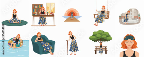 Colorful Illustration Woman in Various Relaxing Scenes and Poses Lifestyle