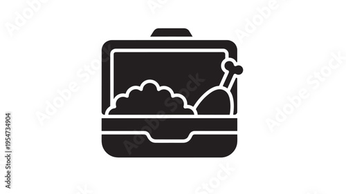 Lunchbox icon with a chicken leg and rice, representing a meal to go or takeout food service, on a white background.