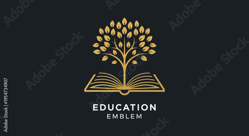 Golden Education Emblem with Tree Growing from an Open Book, Elegant Knowledge and Growth Concept Logo