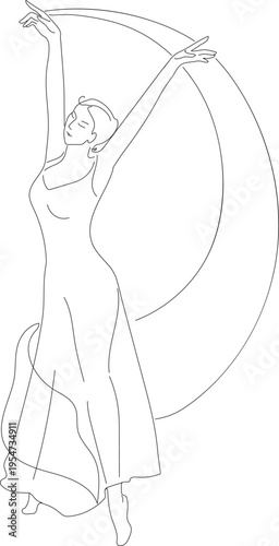 Graceful woman dancing in dress with fabric. Elegant dancer vector illustration