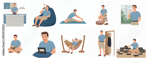 Flat Illustration Set of a Man Doing Activities at Home