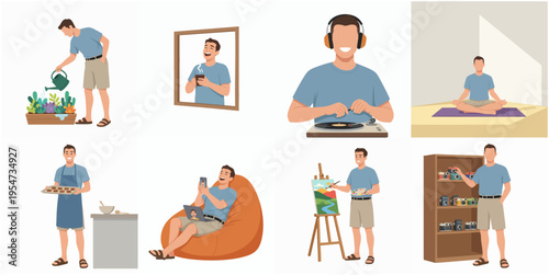 Simple Flat Illustration of Man Doing Hobbies and Relaxing Activities Set