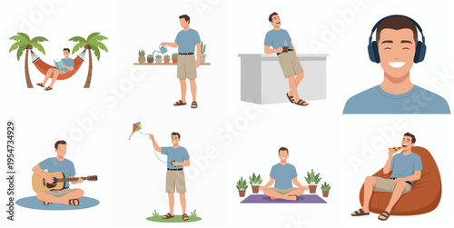 Flat Illustration Set of Man Relaxing in Different Leisure Activities