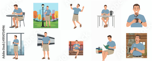 Flat Style Detailed Man Doing Different Activities Poses Illustration