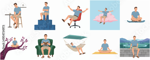 Diverse Flat Style Man Sitting in Different Places Lifestyle Illustration
