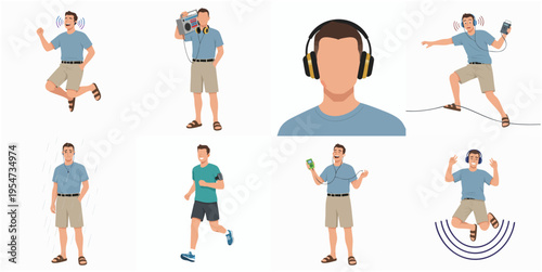 Collection of Flat Man Character with Headphone Listening to Music Poses