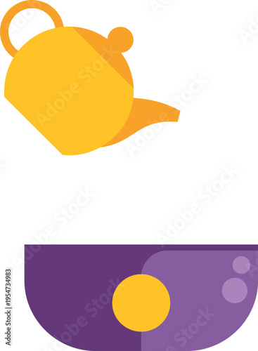 Teapot pouring a beverage into a purple bowl, icon depicting hospitality