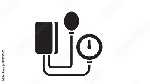 Sphygmomanometer black icon with cuff and pressure gauge for measuring blood pressure on a white background.