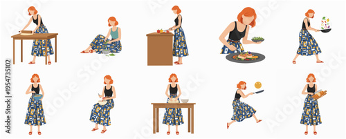 Flat Design Woman Preparing and Cooking Food at Home Illustration Set