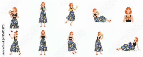 Flat Design Diverse Woman with Food and Drink Illustration Set