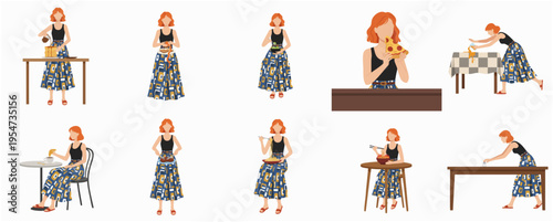 Flat Style Illustration Set of Female Character in Daily Life Activity