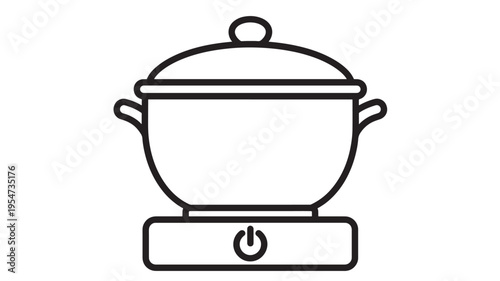 Pot with lid icon featuring a power button on its base, representing kitchen appliance and cooking. featuring food, heat, cookware with saucepan and