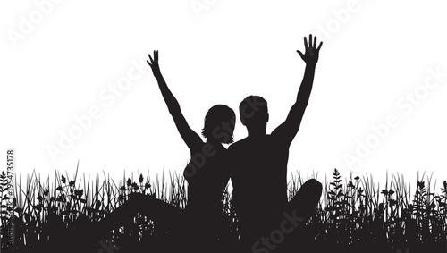 Silhouettes of a couple with arms raised in celebration, sitting in lush green grass against a white background.