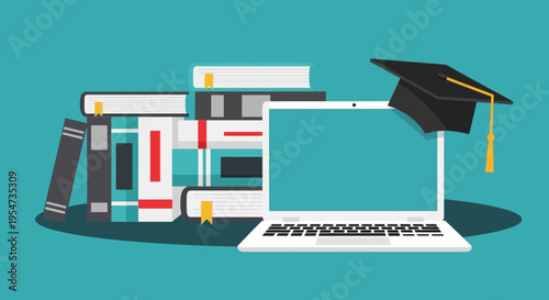 Online Education Concept Illustration with Laptop, Graduation Cap, and Stack of Books for E-learning, Distance Learning, and Digital Academic Success Background