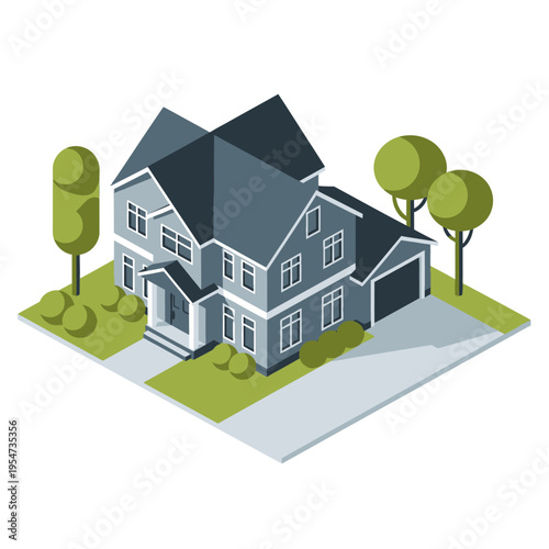 An isometric illustration of a modern two-story suburban house with a garage, surrounded by green trees and landscaping.